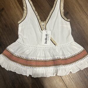 NWT Indikah by Angel Biba Boho Fringe Ruffle Wrap Top White - XS